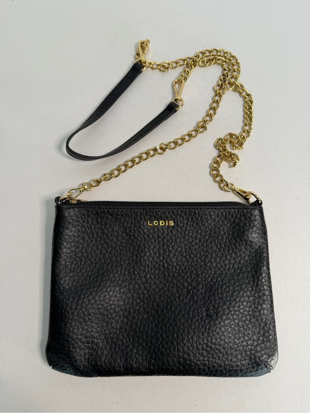 Lodis Black Italian Pebbled Leather Crossbody Bag Gold Chain Trim Zip Top Purse